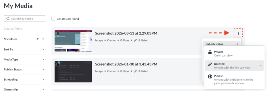 Showing the publish options in My Media page